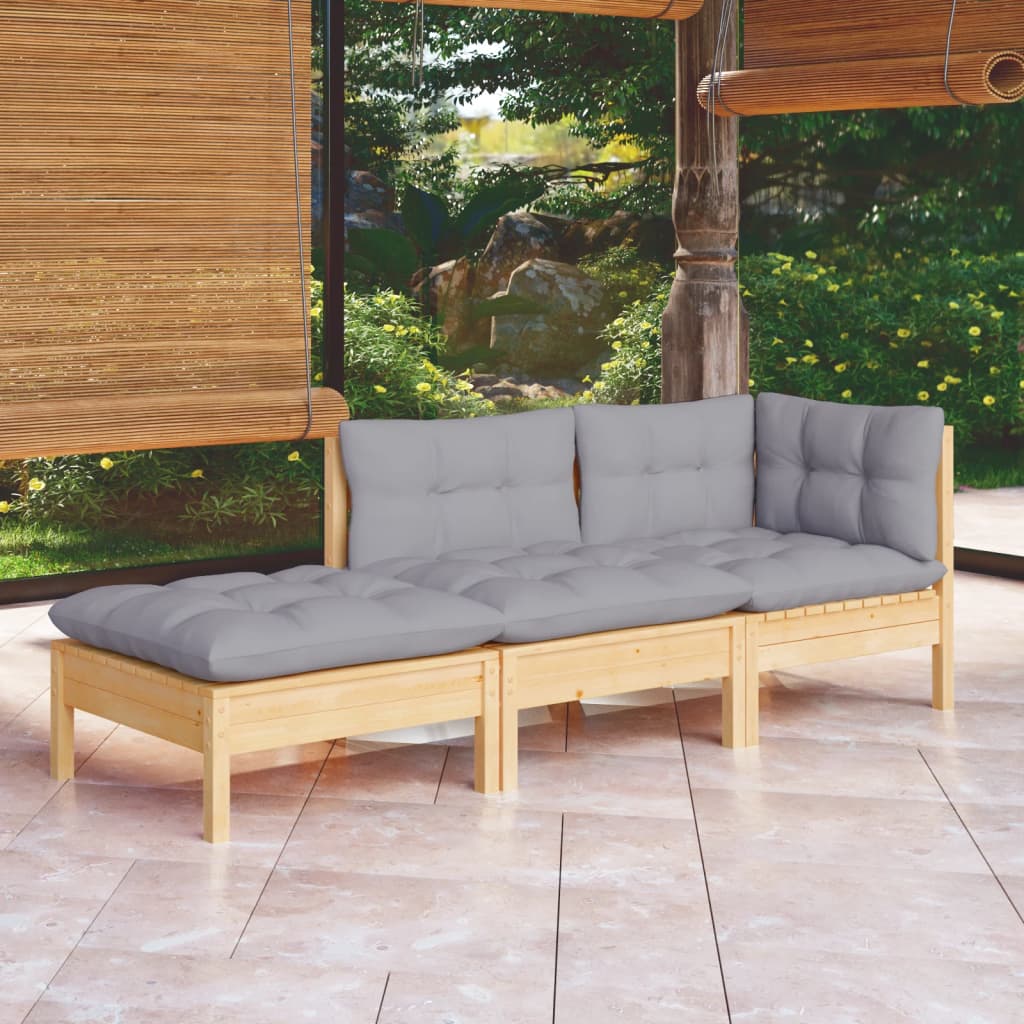 3Pcs conjunto lounge de jardim c/ almofadões cinza pinho maciço