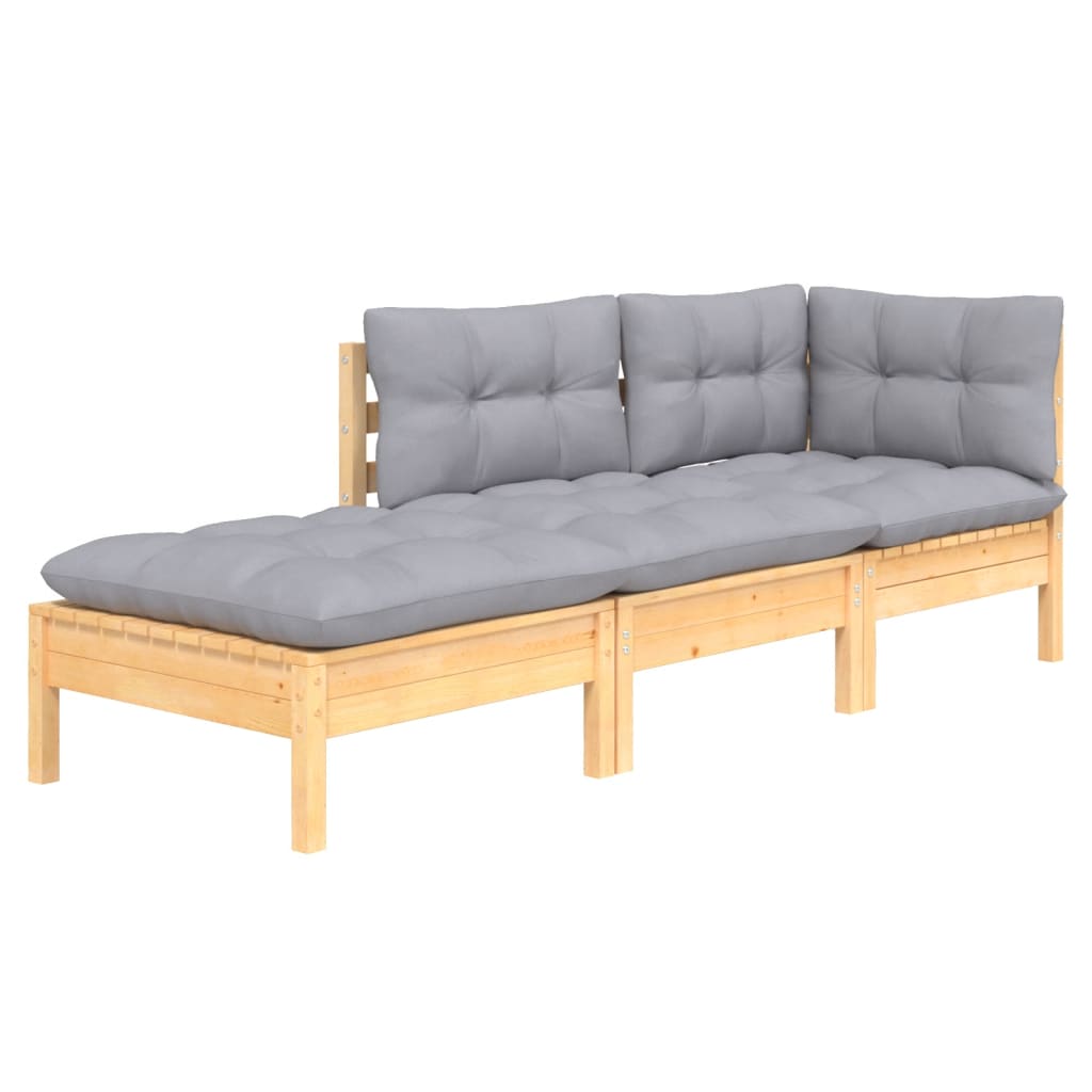 3Pcs conjunto lounge de jardim c/ almofadões cinza pinho maciço