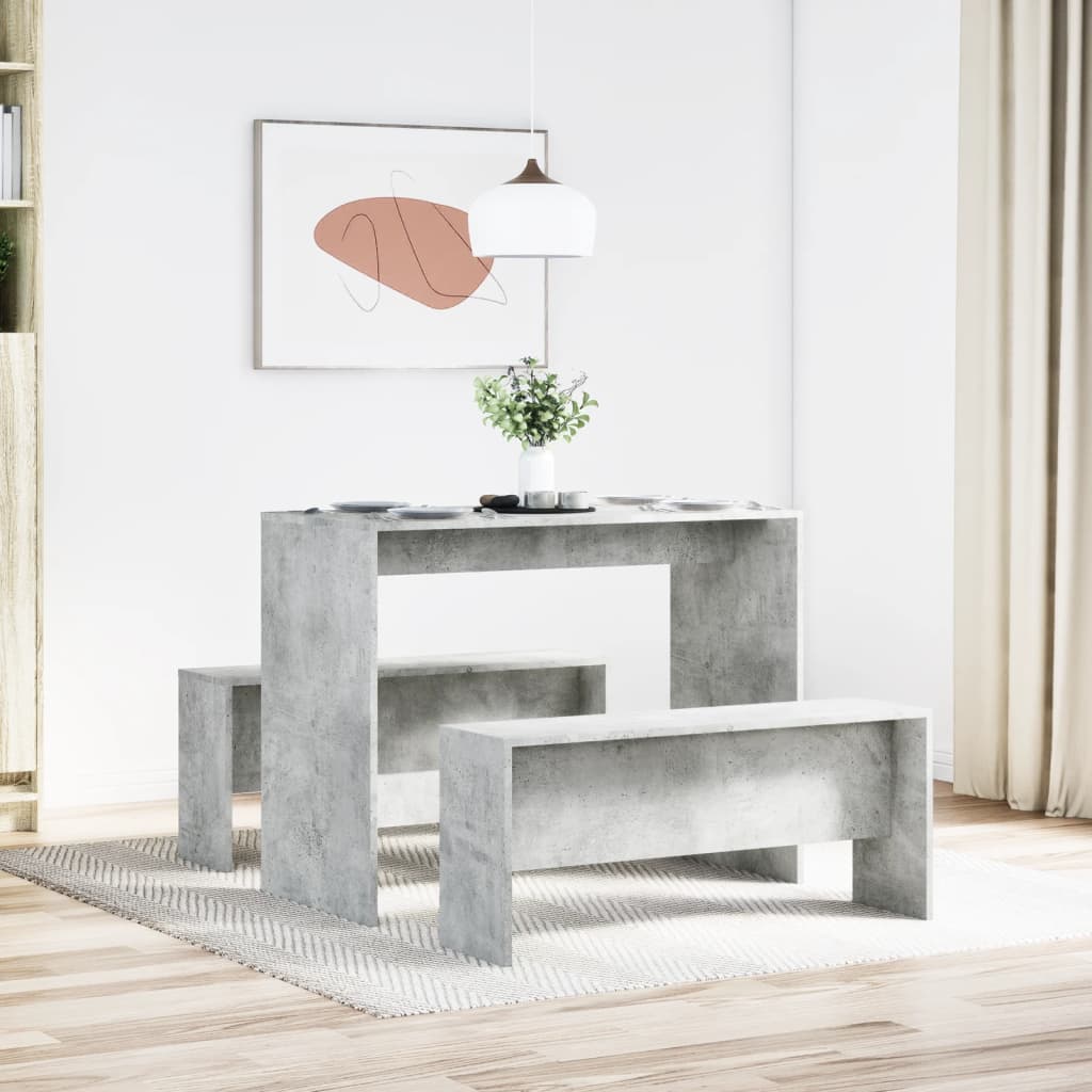 3 Pcs conj. mesa jantar e banco deriv. madeira cinzento cimento