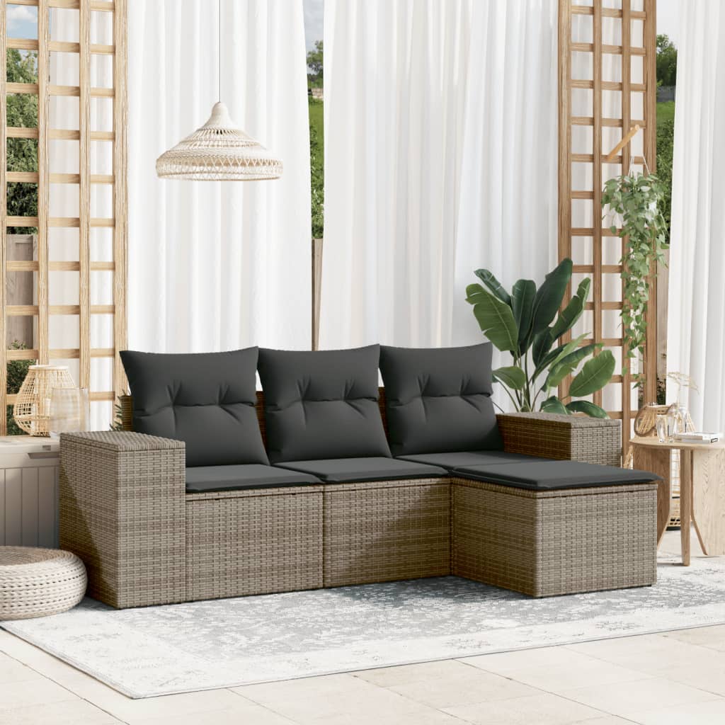4 Pcs conjunto sofás de jardim c/ almofadões vime PE cinzento