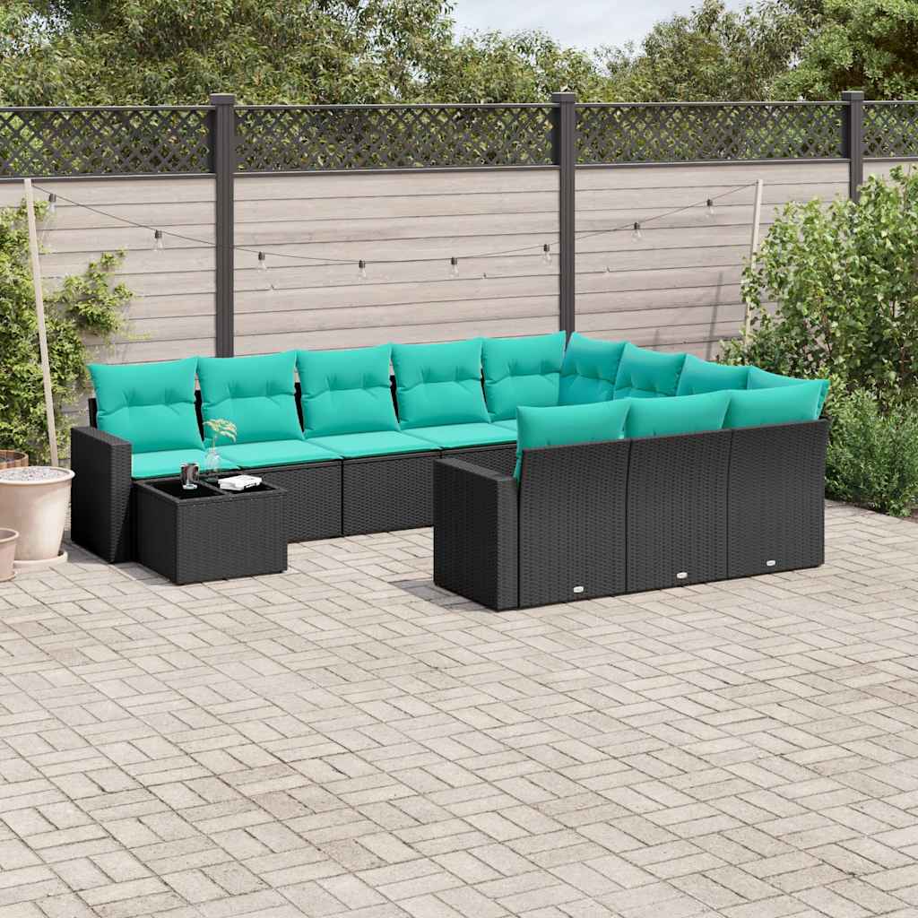 Conjunto de sofá de jardim com 11 peças e almofadas em rattan sintético preto
