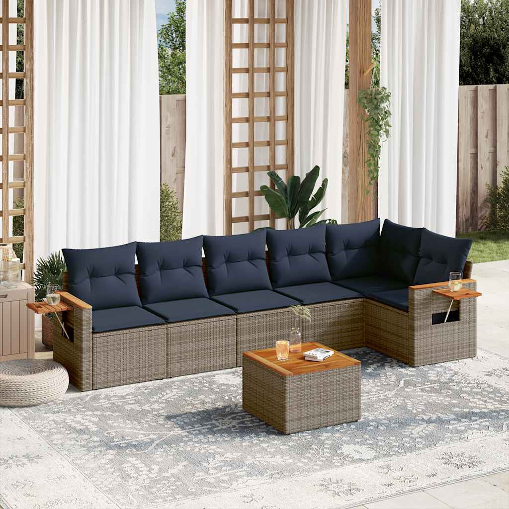 7 Pcs conjunto sofás p/ jardim c/ almofadões vime PE cinzento