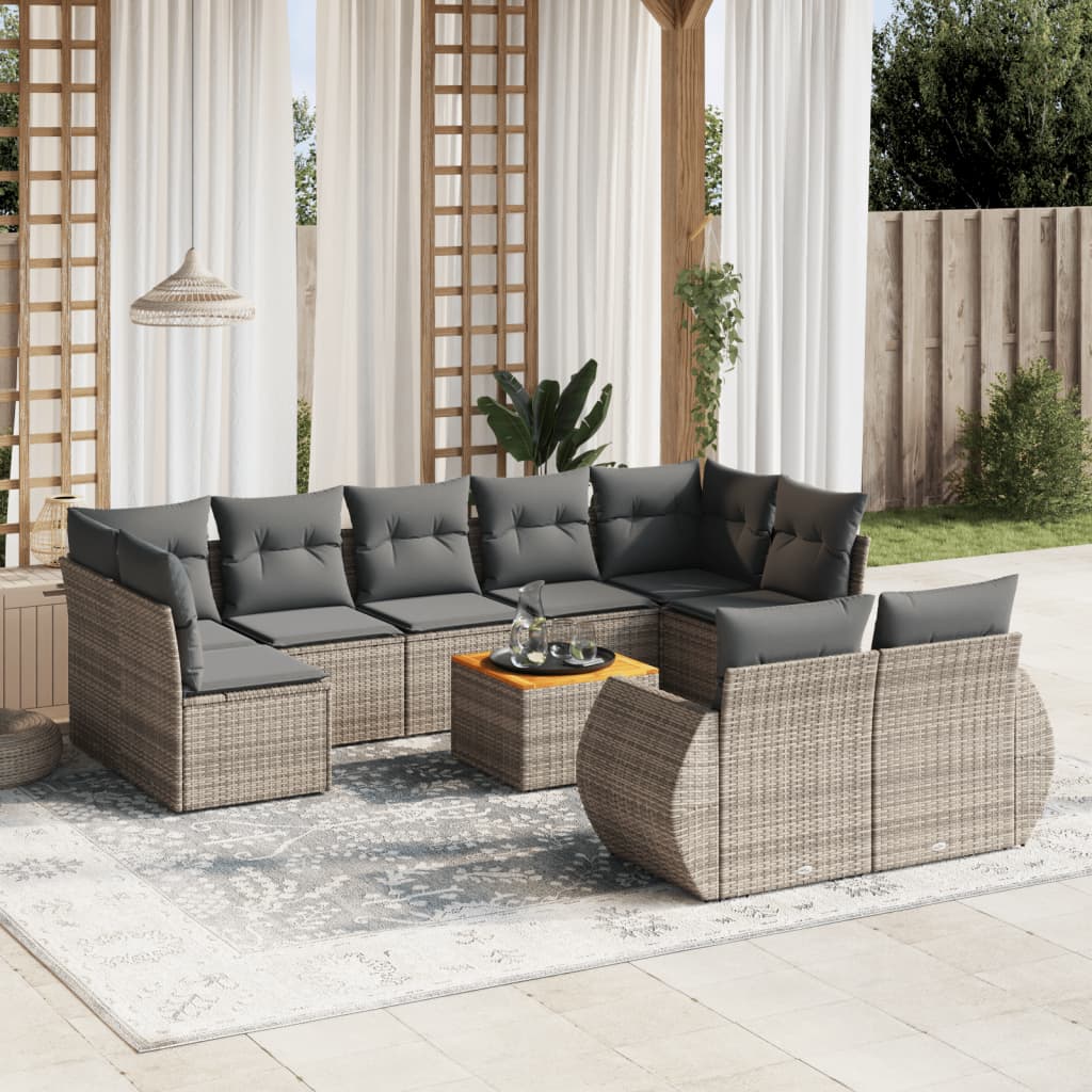 10 Pcs conjunto sofás de jardim c/ almofadões vime PE cinzento