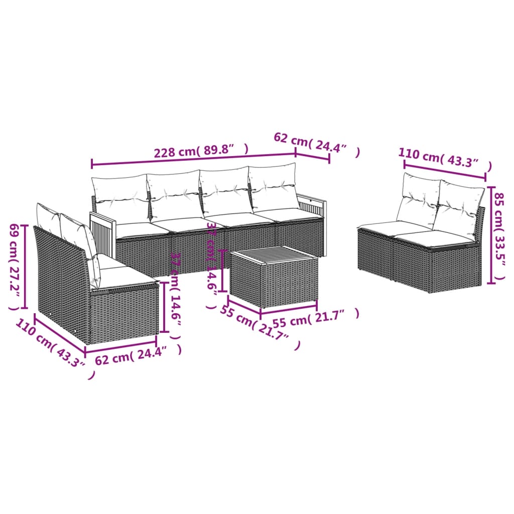 9 Pcs conjunto sofás p/ jardim com almofadões vime PE cinzento