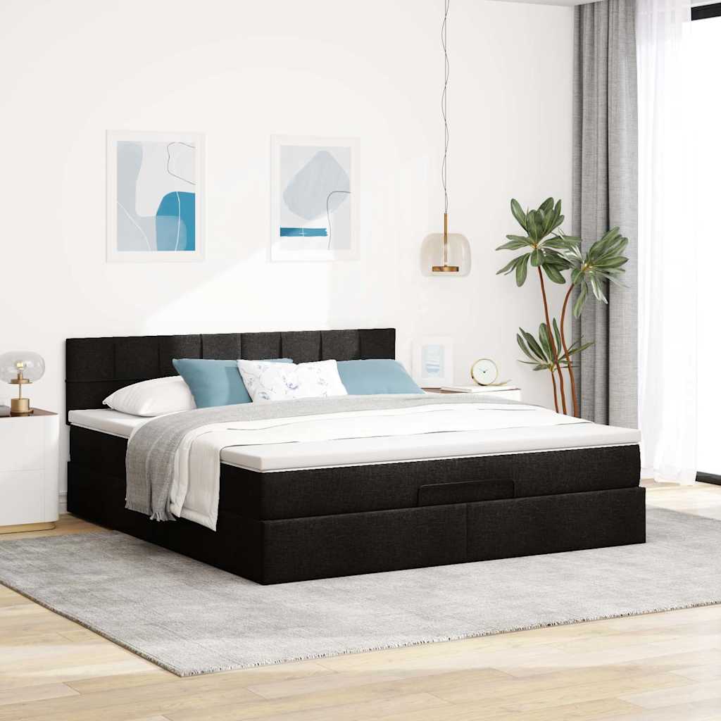 Cama otomana com colchão & leds 180x200cm tecido preto