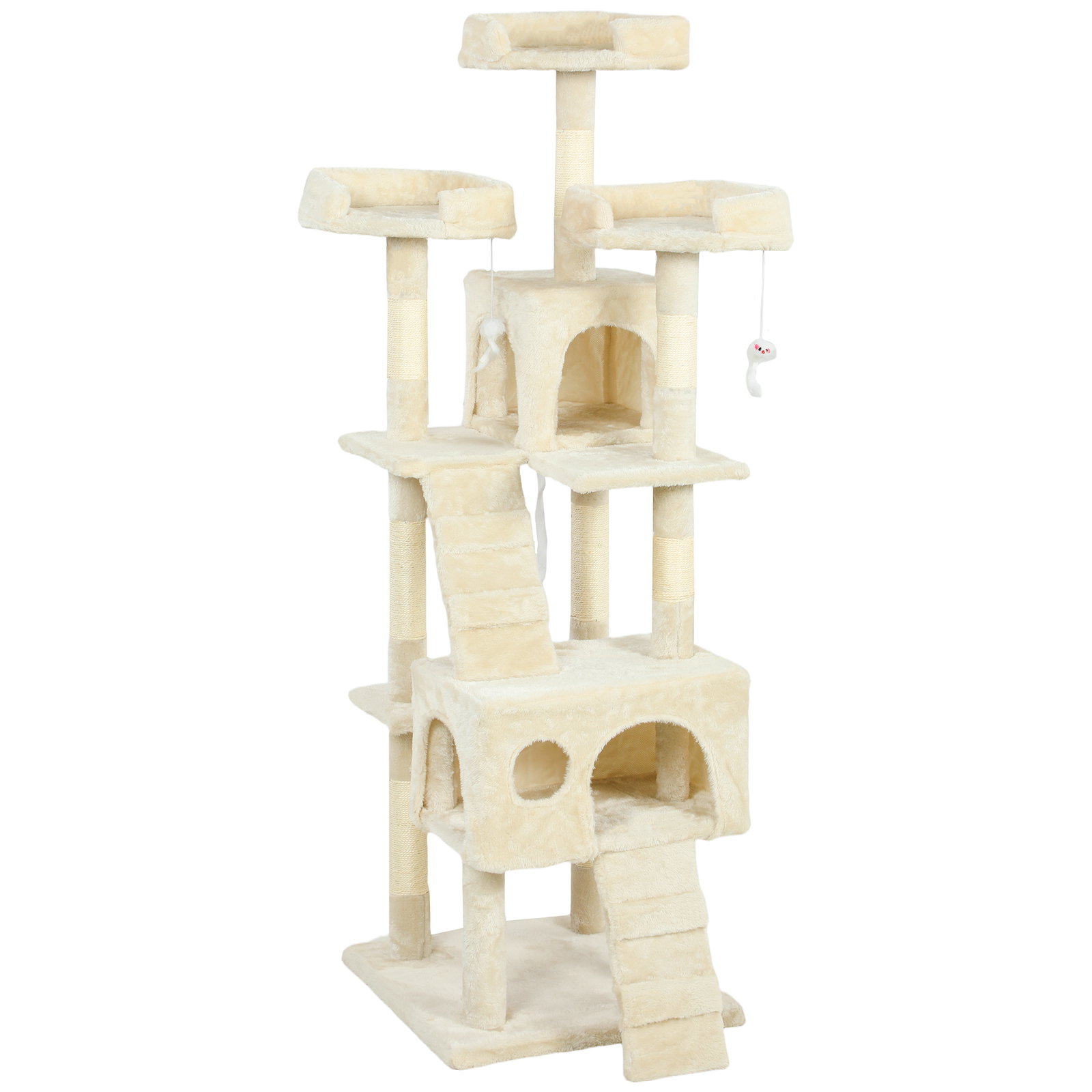 Arranhador para gatos arranhador de gatos 153 cm com 2 cavernas 3 camas 2 rampas postes de sisal e 2 ratos pendentes bege