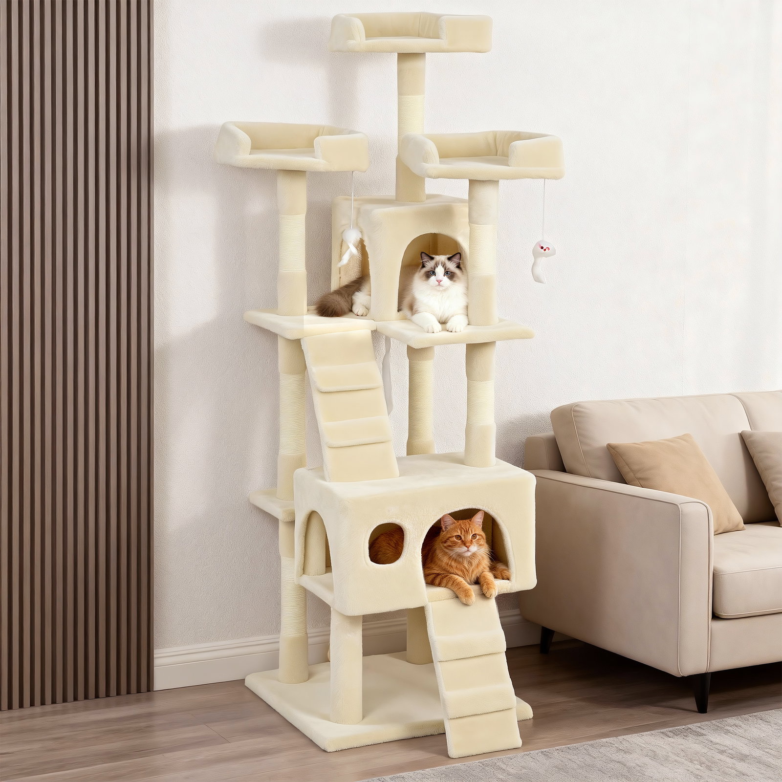 Arranhador para gatos arranhador de gatos 153 cm com 2 cavernas 3 camas 2 rampas postes de sisal e 2 ratos pendentes bege