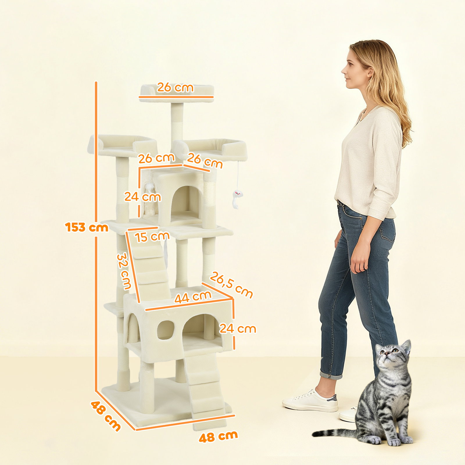 Arranhador para gatos arranhador de gatos 153 cm com 2 cavernas 3 camas 2 rampas postes de sisal e 2 ratos pendentes bege