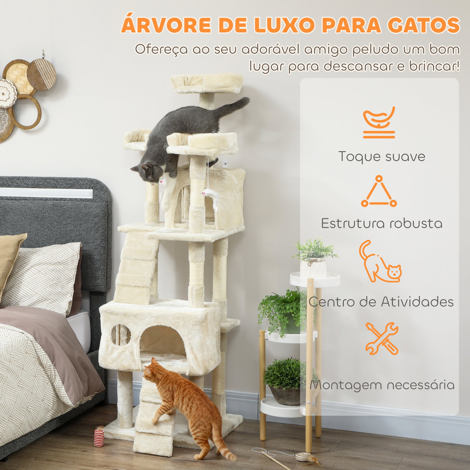 Arranhador para gatos arranhador de gatos 153 cm com 2 cavernas 3 camas 2 rampas postes de sisal e 2 ratos pendentes bege
