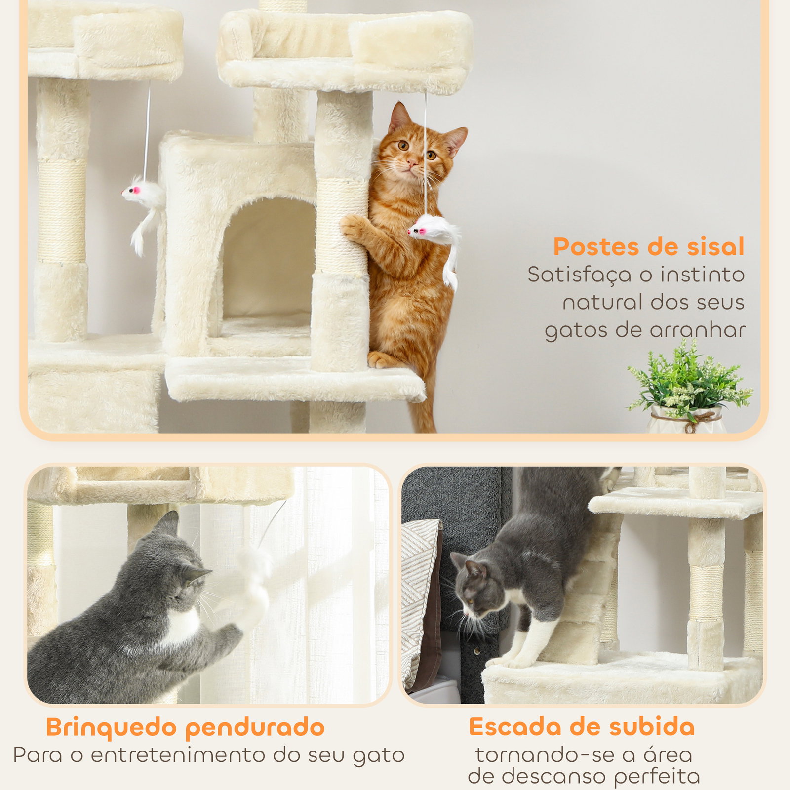 Arranhador para gatos arranhador de gatos 153 cm com 2 cavernas 3 camas 2 rampas postes de sisal e 2 ratos pendentes bege