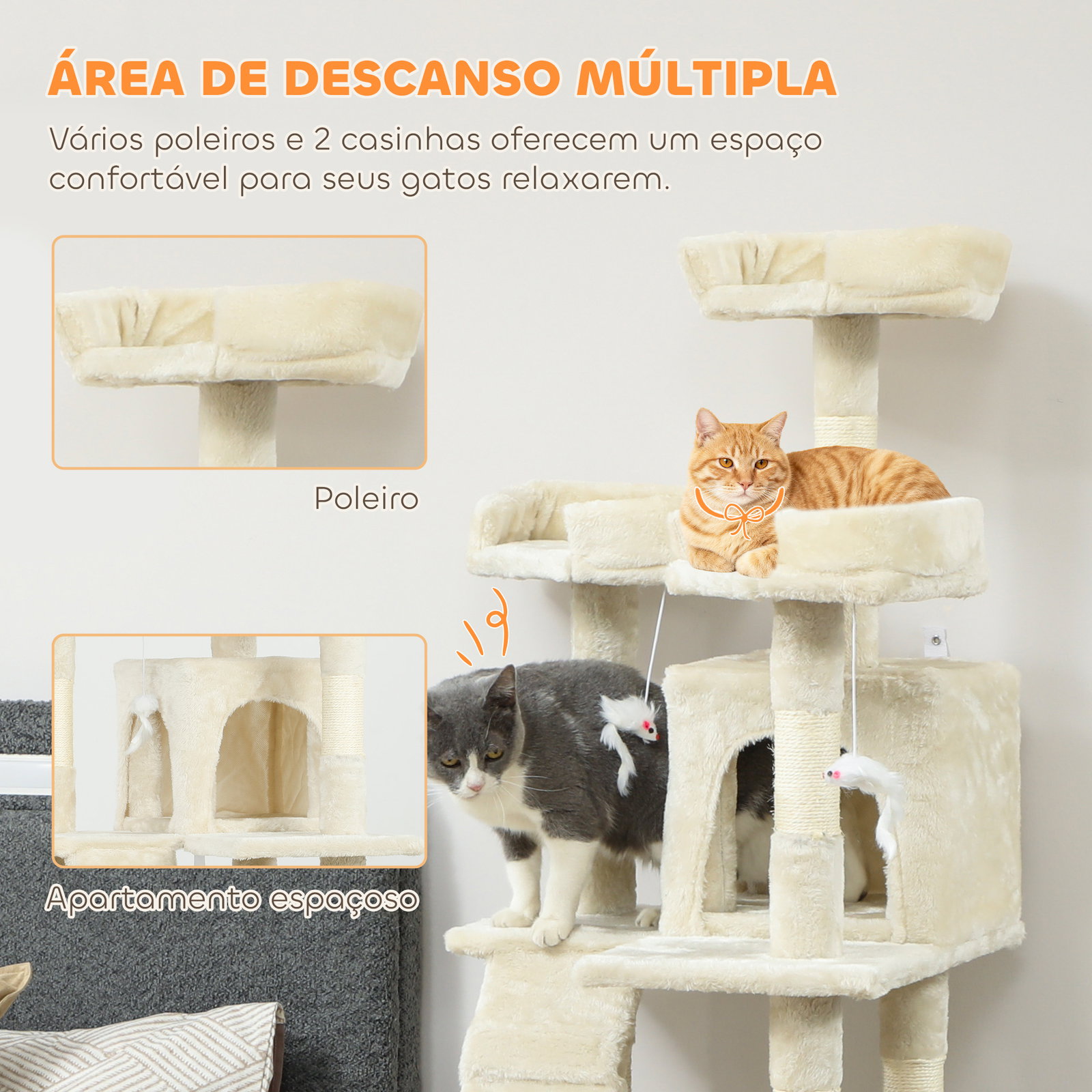 Arranhador para gatos arranhador de gatos 153 cm com 2 cavernas 3 camas 2 rampas postes de sisal e 2 ratos pendentes bege
