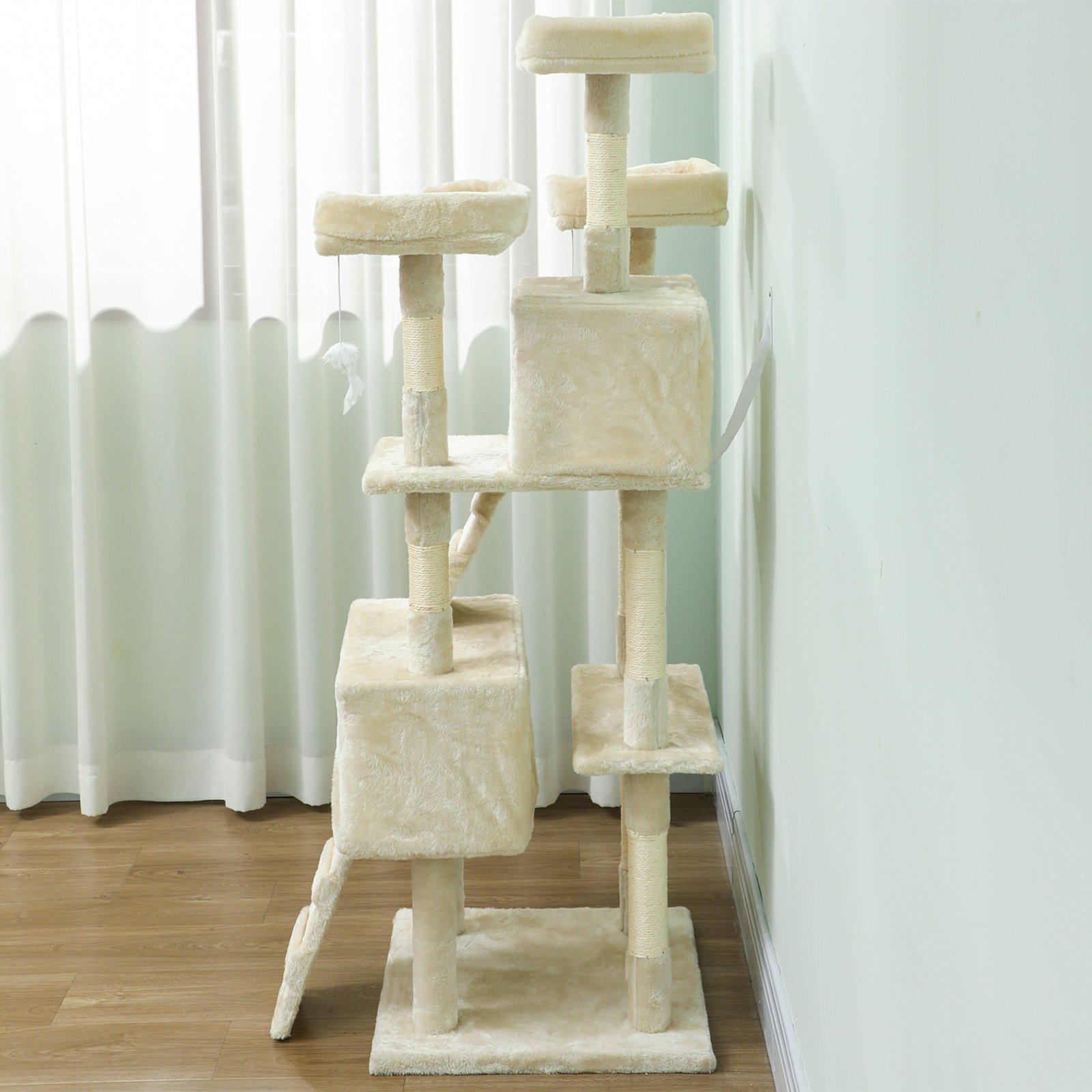 Arranhador para gatos arranhador de gatos 153 cm com 2 cavernas 3 camas 2 rampas postes de sisal e 2 ratos pendentes bege