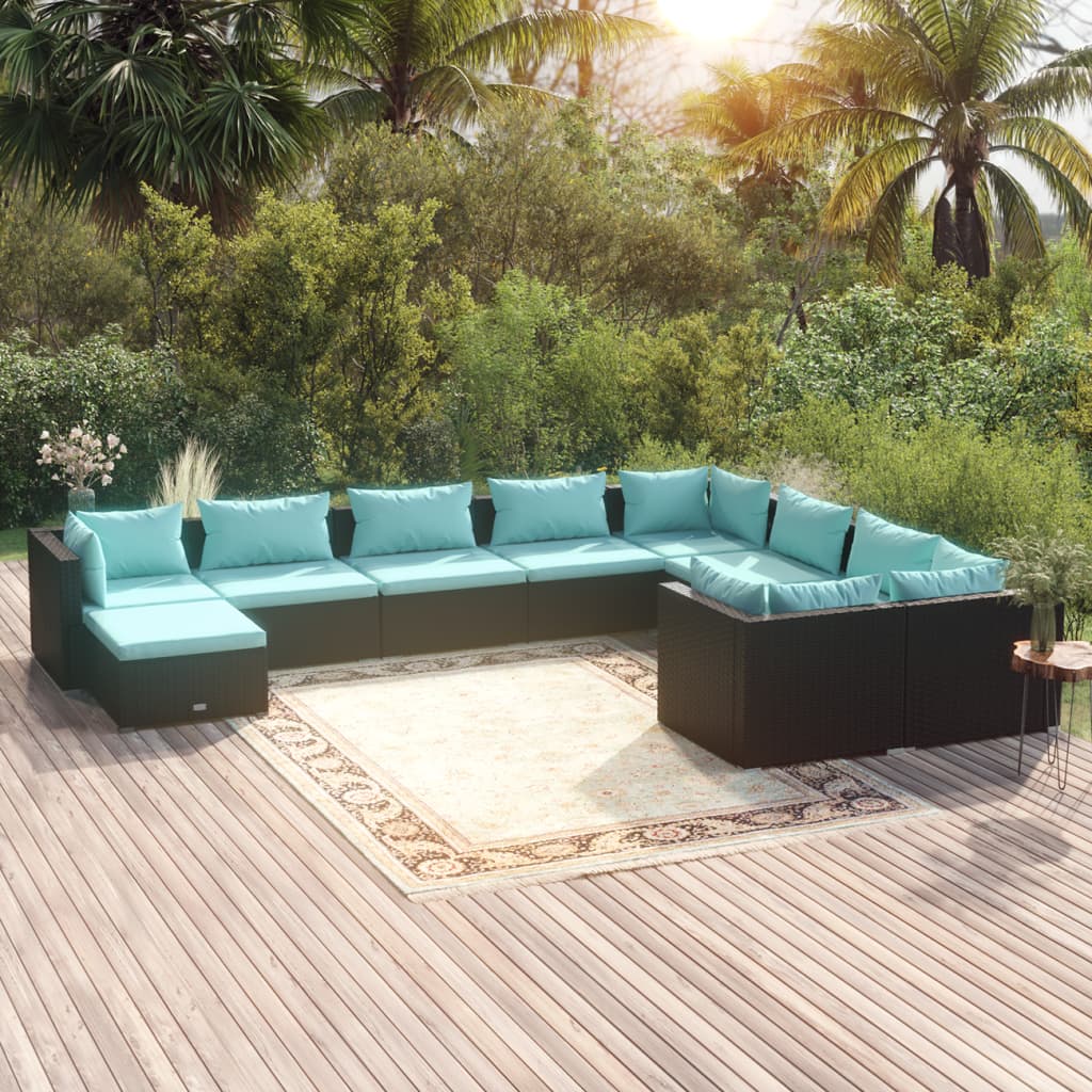 10 Pcs conjunto lounge de jardim c/ almofadões vime PE preto