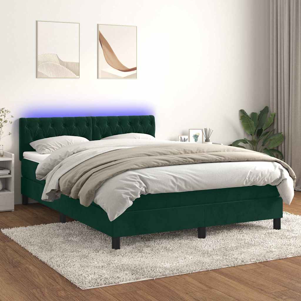 Cama box spring c/ colchão/LED 140x200 cm veludo verde-escuro