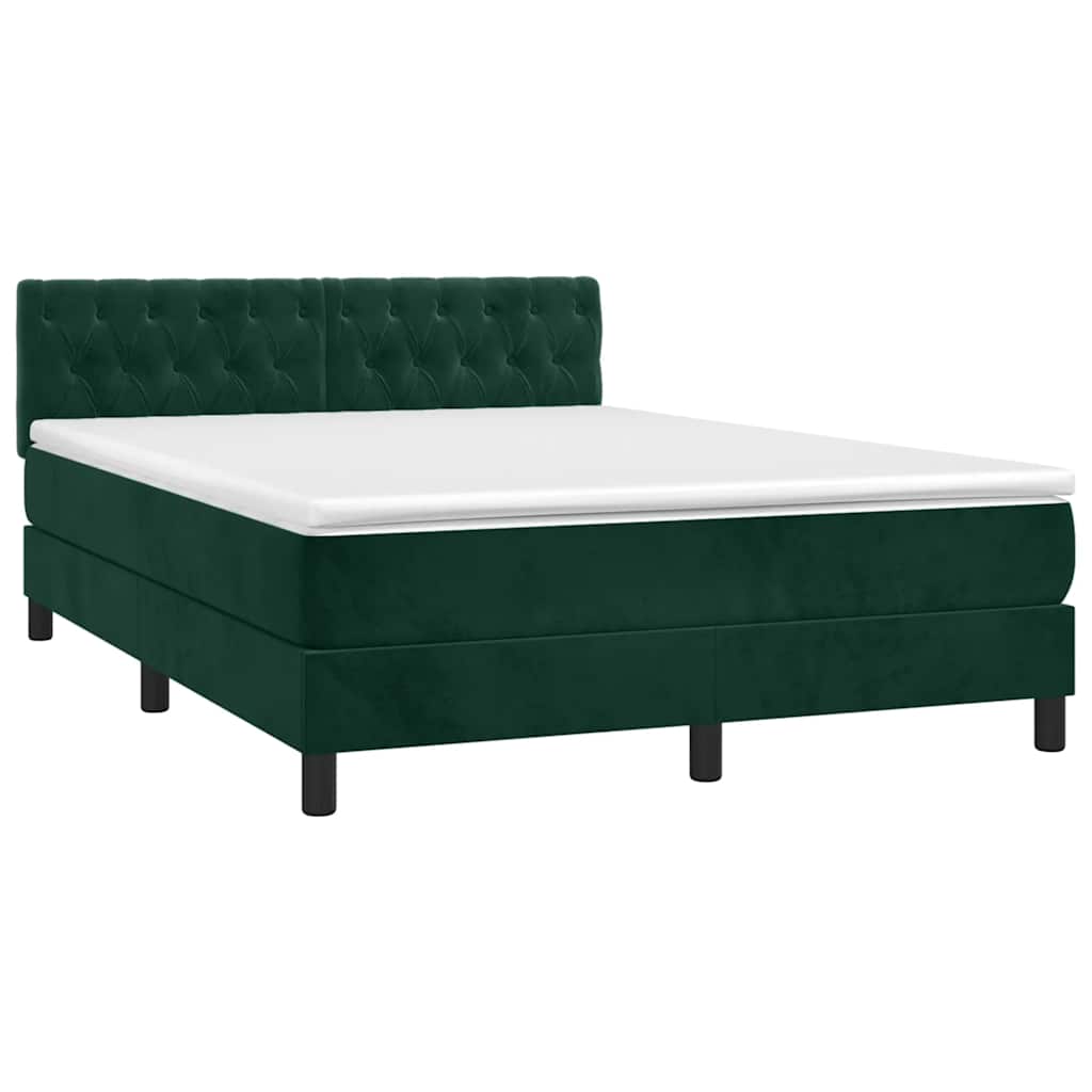 Cama box spring c/ colchão/LED 140x200 cm veludo verde-escuro