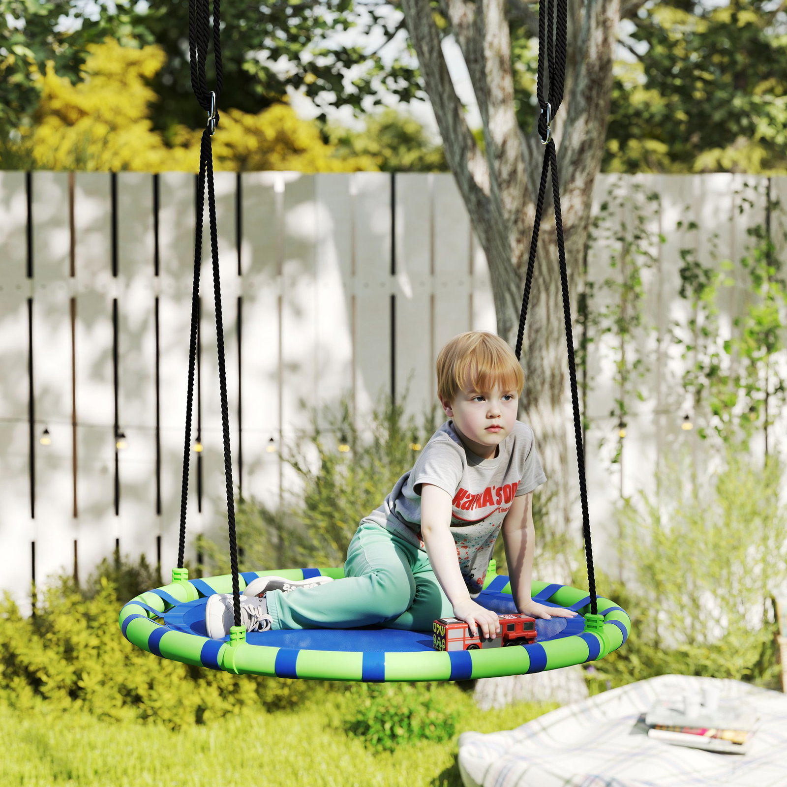 Baloiço para crianças redondo baloiço de jardim infantil ajustável impermeável carga 150kg ø100x180 cm preto e azul