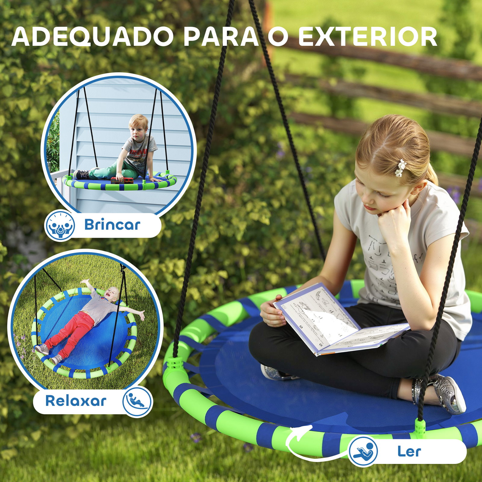 Baloiço para crianças redondo baloiço de jardim infantil ajustável impermeável carga 150kg ø100x180 cm preto e azul