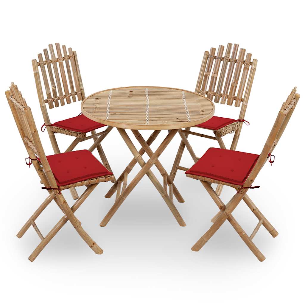 5 Pcs conj. de jantar dobrável c/ almofadões p/ exterior bambu