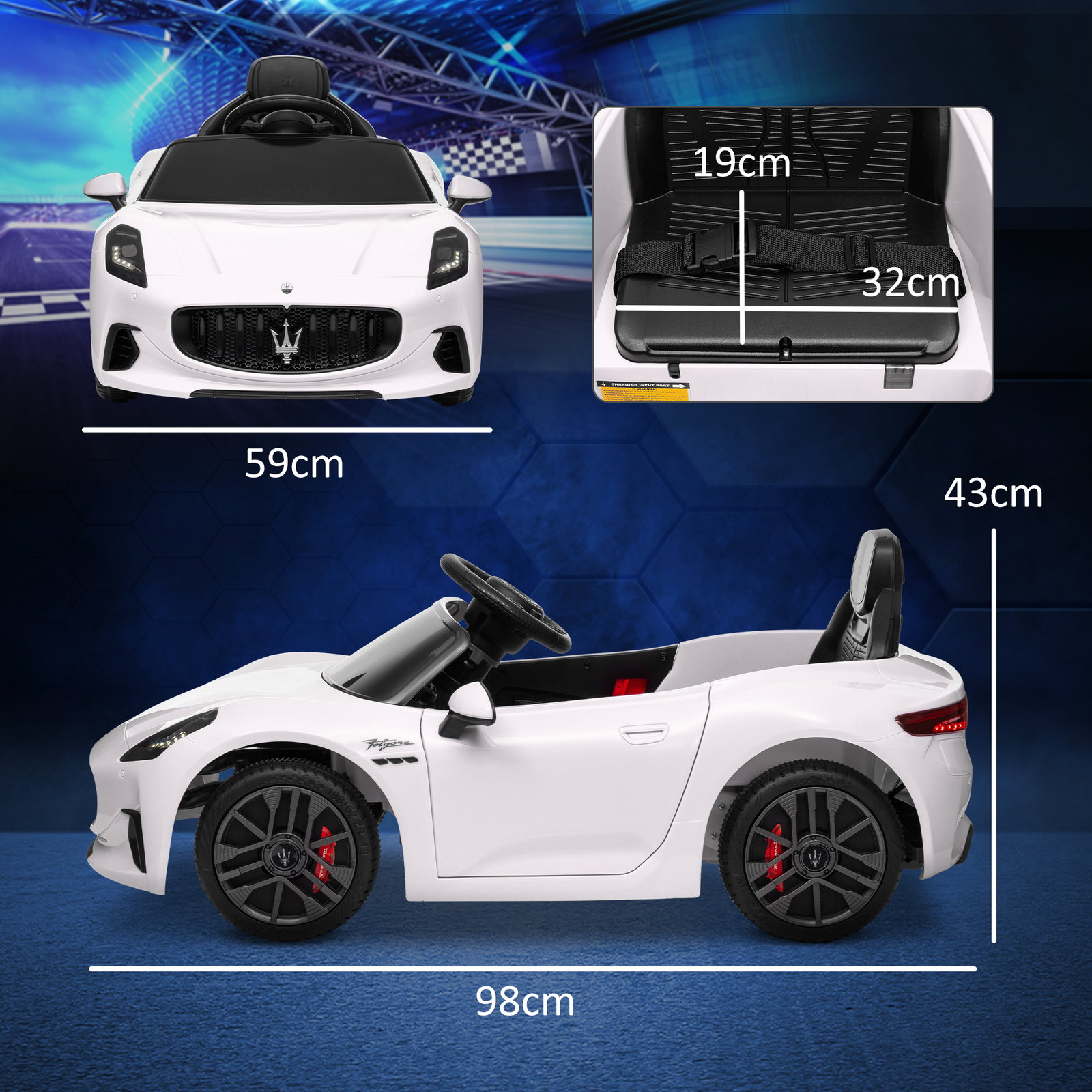 Carro elétrico para crianças maserati gran turismo folgore 12v controlo remoto faróis buzina e música mp3 98x59x43 cm branco