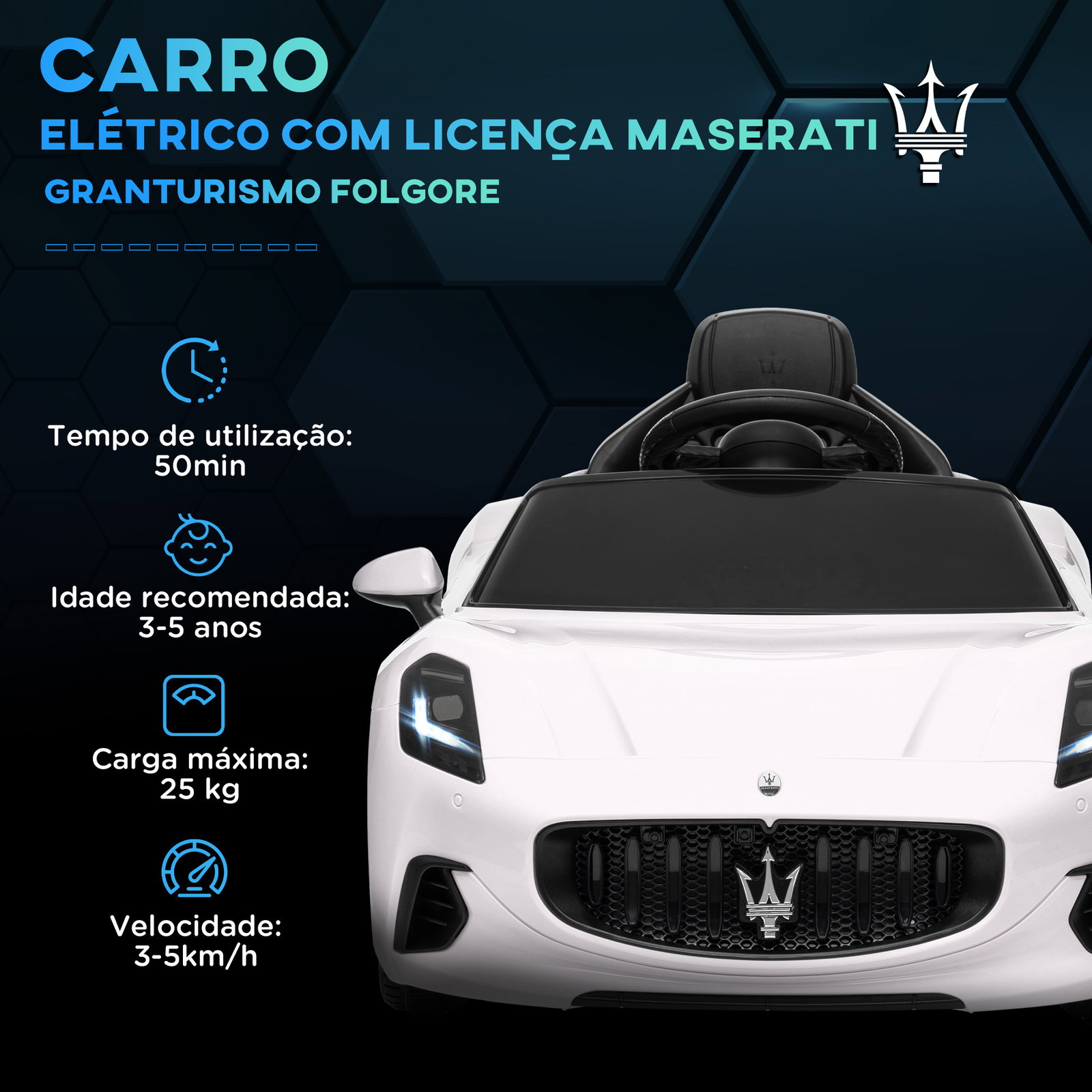 Carro elétrico para crianças maserati gran turismo folgore 12v controlo remoto faróis buzina e música mp3 98x59x43 cm branco