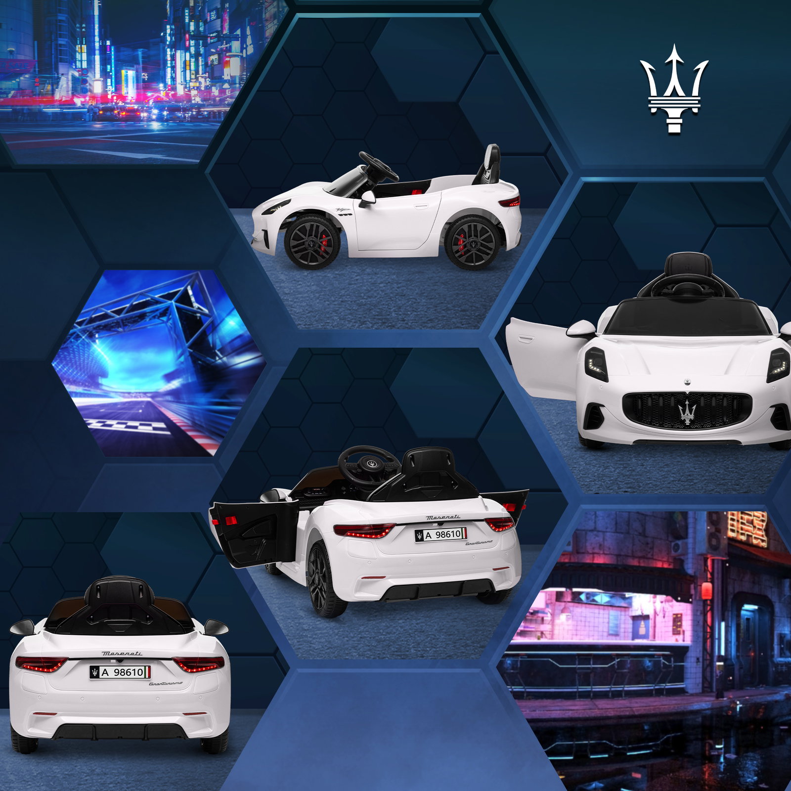 Carro elétrico para crianças maserati gran turismo folgore 12v controlo remoto faróis buzina e música mp3 98x59x43 cm branco