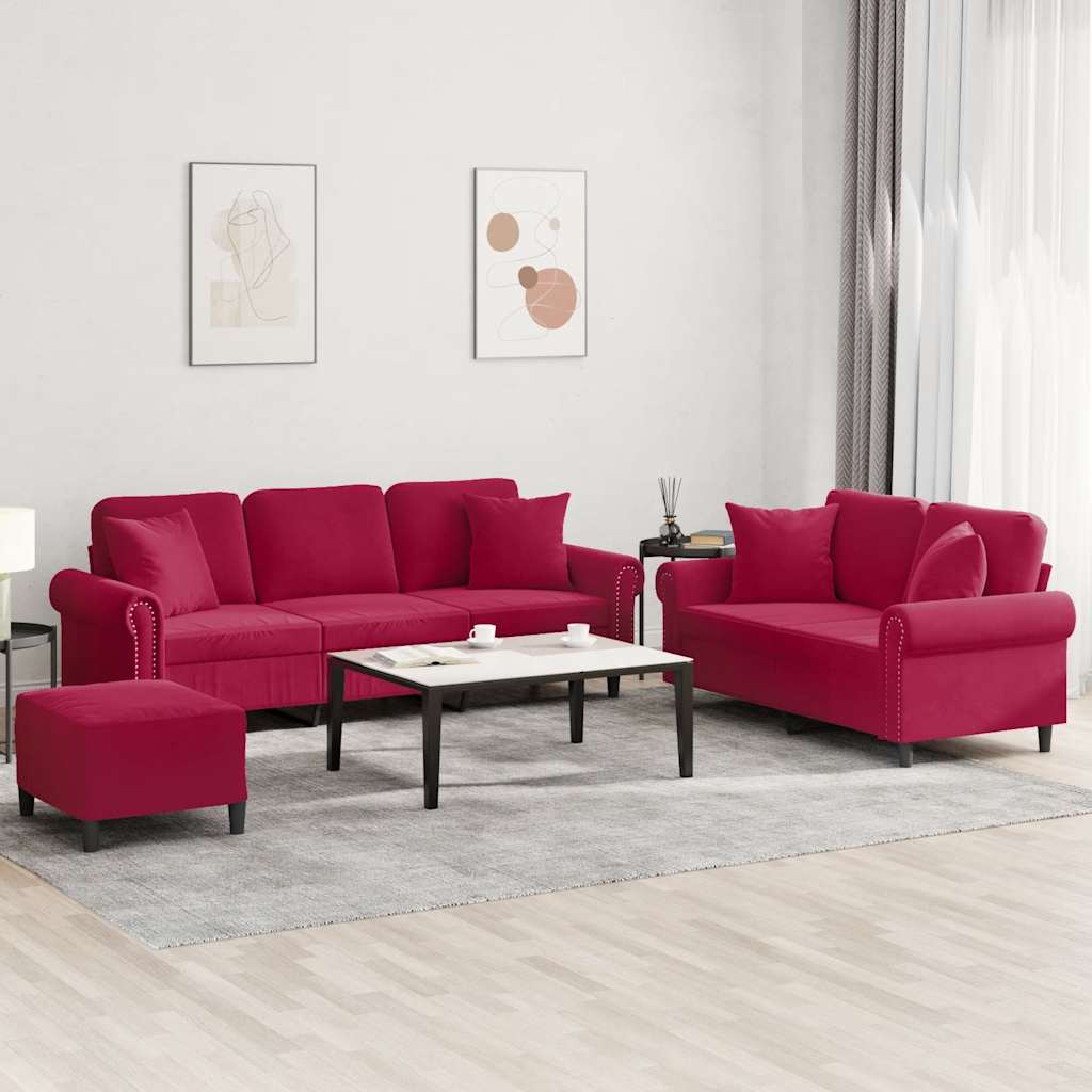 3 Pcs conjunto de sofás com almofadas veludo vermelho-tinto