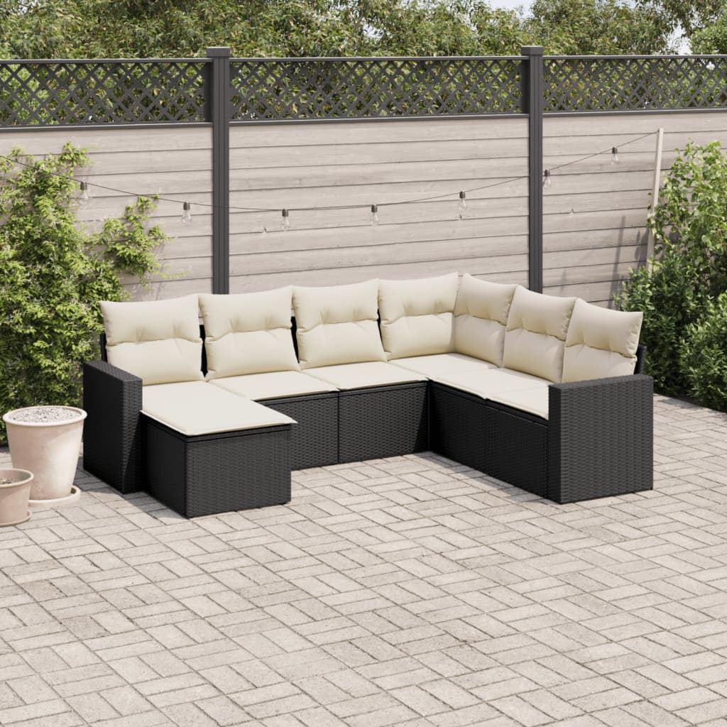 7 Pcs conjunto de sofás p/ jardim c/ almofadões vime PE preto