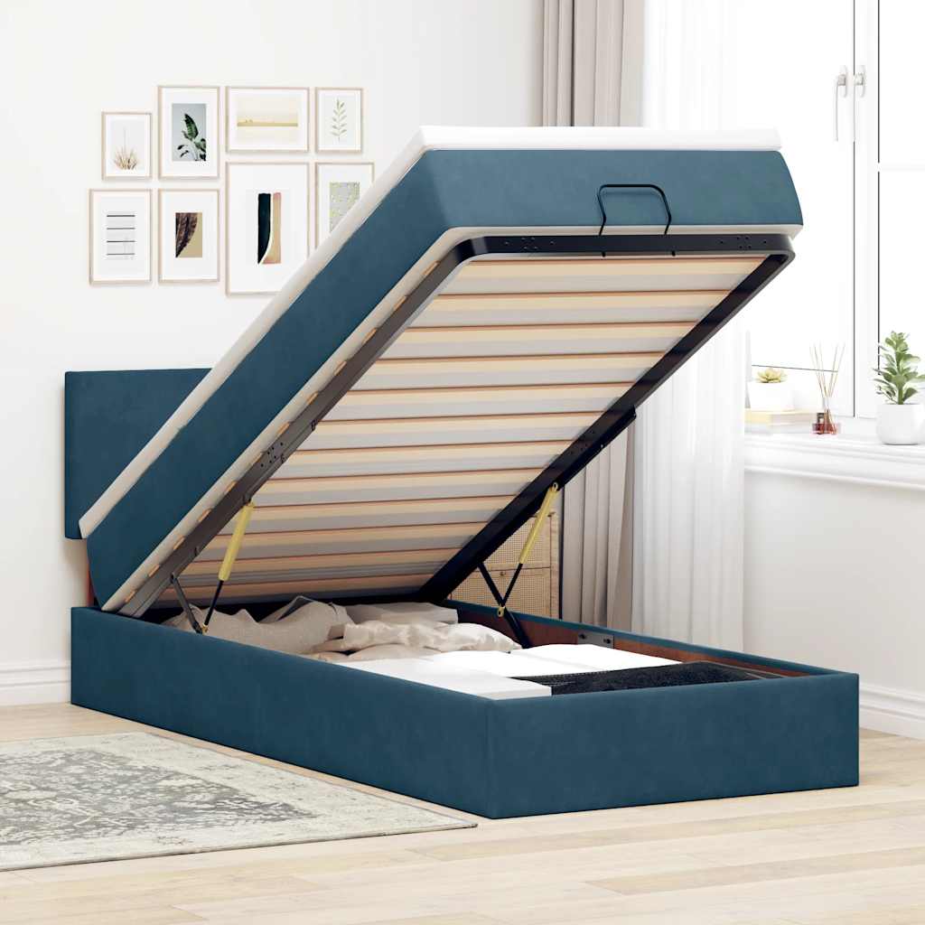 Estrutura de cama otomana com colchão azul escuro veludo