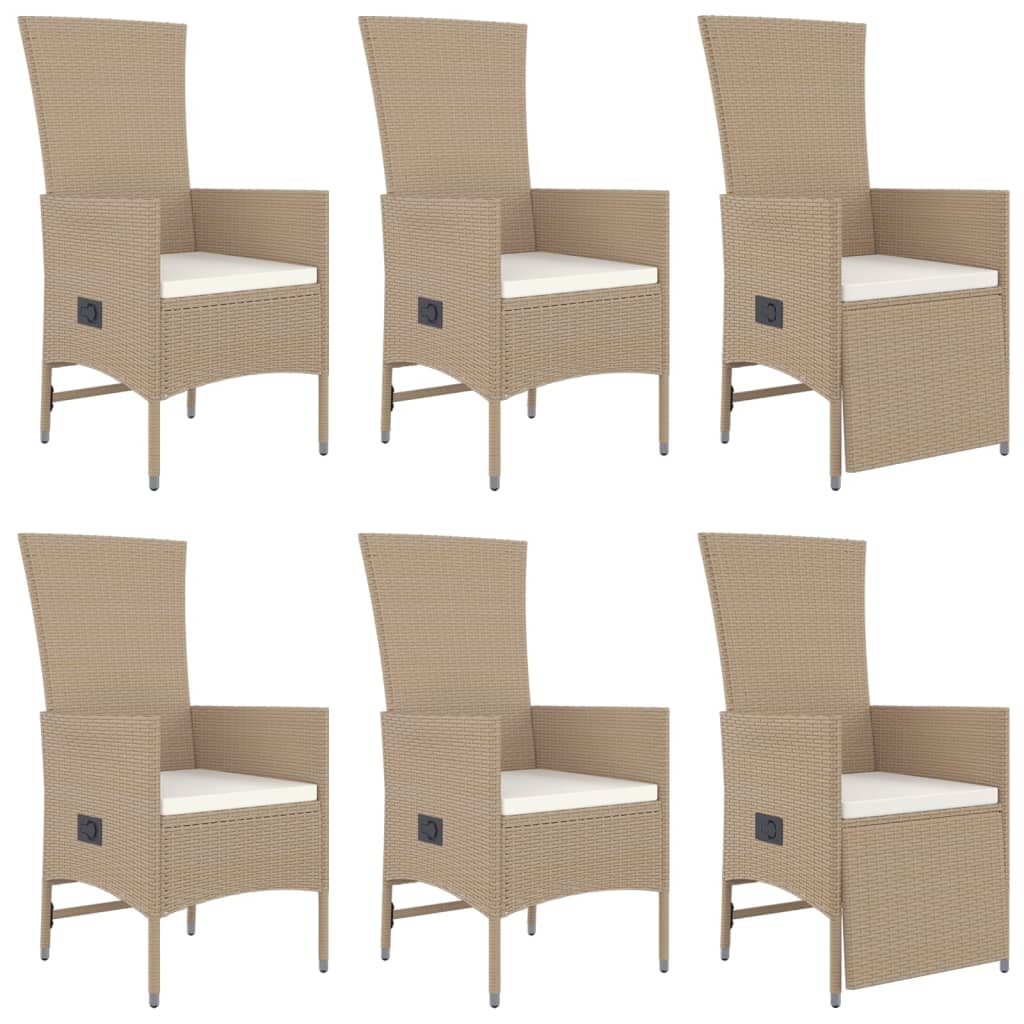 7 Pcs conjunto de jantar p/ jardim com almofadões vime PE bege