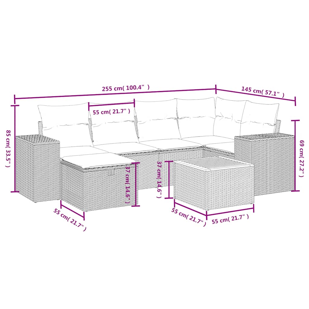 7 Pcs conjunto de sofás p/ jardim c/ almofadões vime PE preto