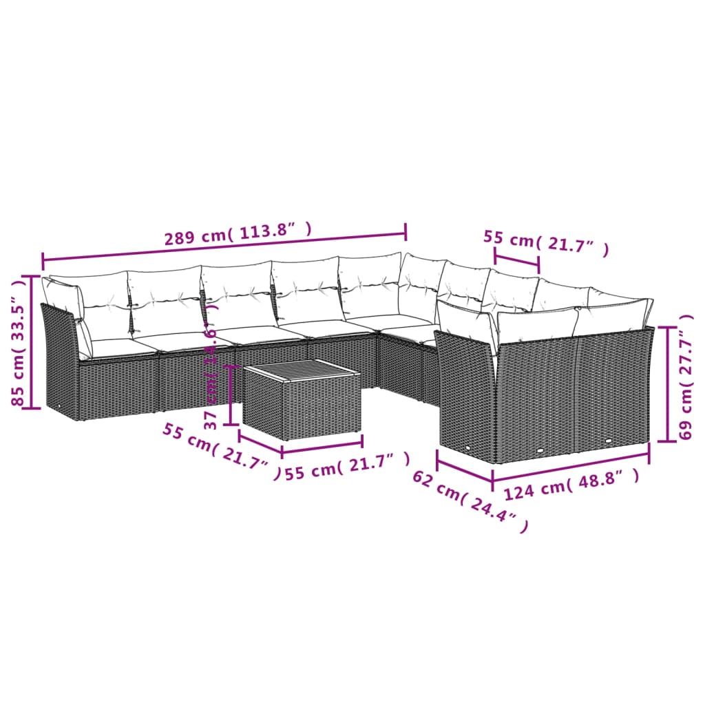 11 Pcs conjunto sofás de jardim c/ almofadões vime PE preto