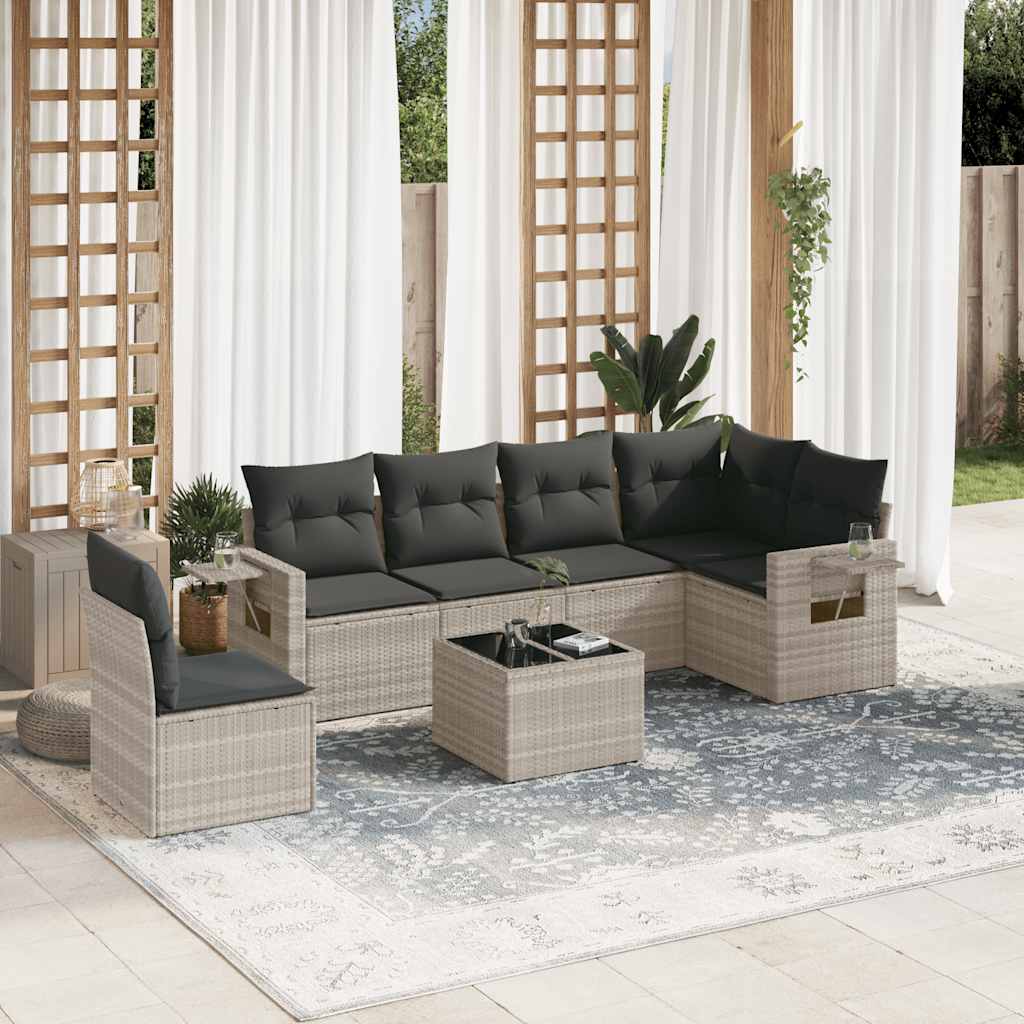 7 Pcs conj. sofás jardim com almofadões vime PE cinzento-claro
