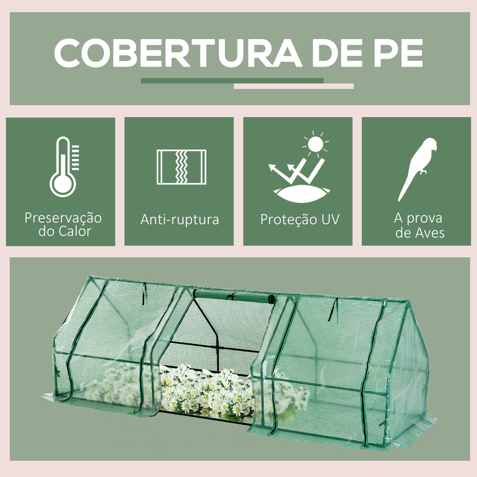 Estufa de jardim terraço 270x90x90 cm tipo casa tubo de aço com 3 janelas estufa pequena para cultivo de plantas verde