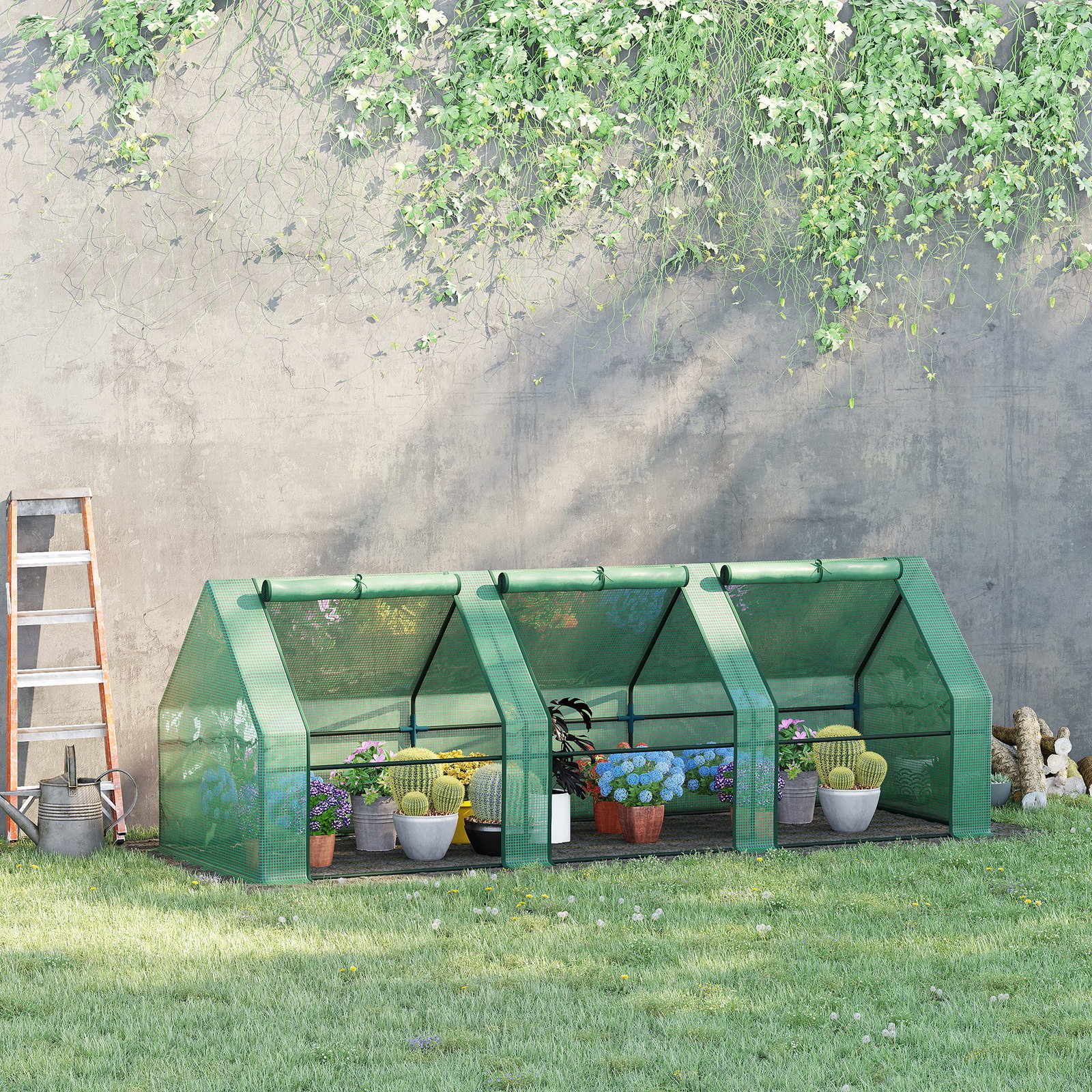 Estufa de jardim terraço 270x90x90 cm tipo casa tubo de aço com 3 janelas estufa pequena para cultivo de plantas verde