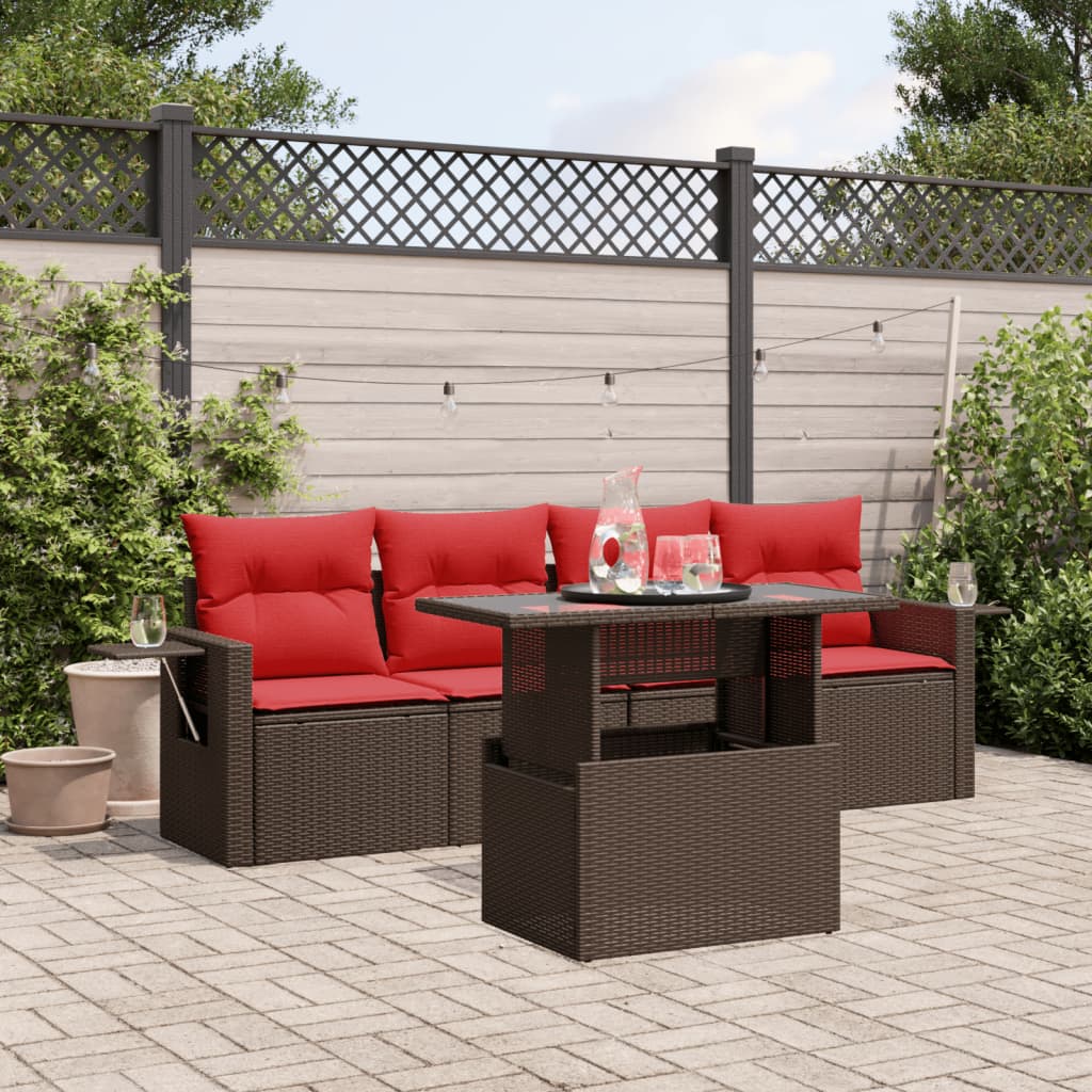 Conjunto de sofá de jardim de 5 peças com almofadas em rattan sintético marrom