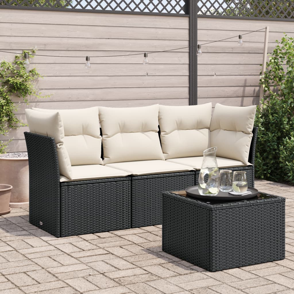 4 Pcs conjunto de sofás para jardim c/ almofadões vime PE preto