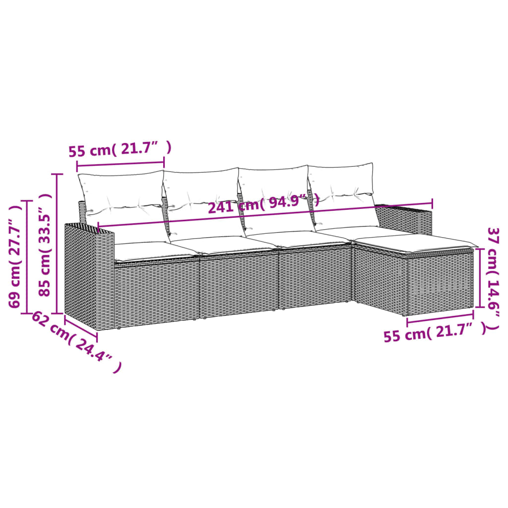 5 Pcs conjunto sofás p/ jardim c/ almofadões vime PE castanho