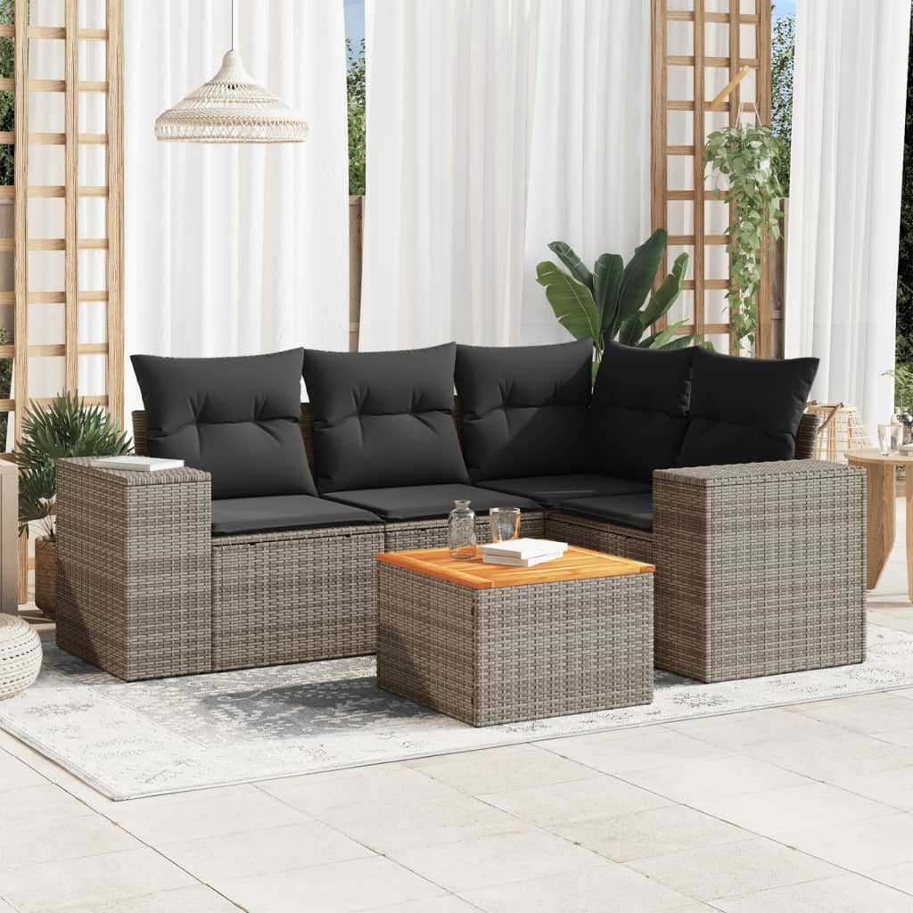 5 Pcs conjunto sofás de jardim c/ almofadões vime PE cinzento