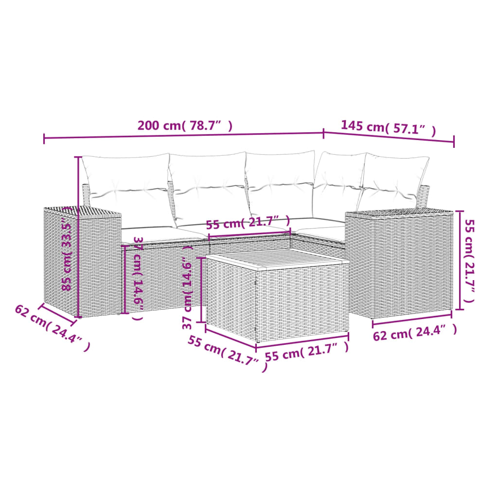 5 Pcs conjunto sofás de jardim c/ almofadões vime PE cinzento