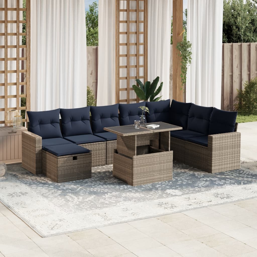 Conjunto de sofá de jardim de 9 peças com almofadas em rattan sintético cinza