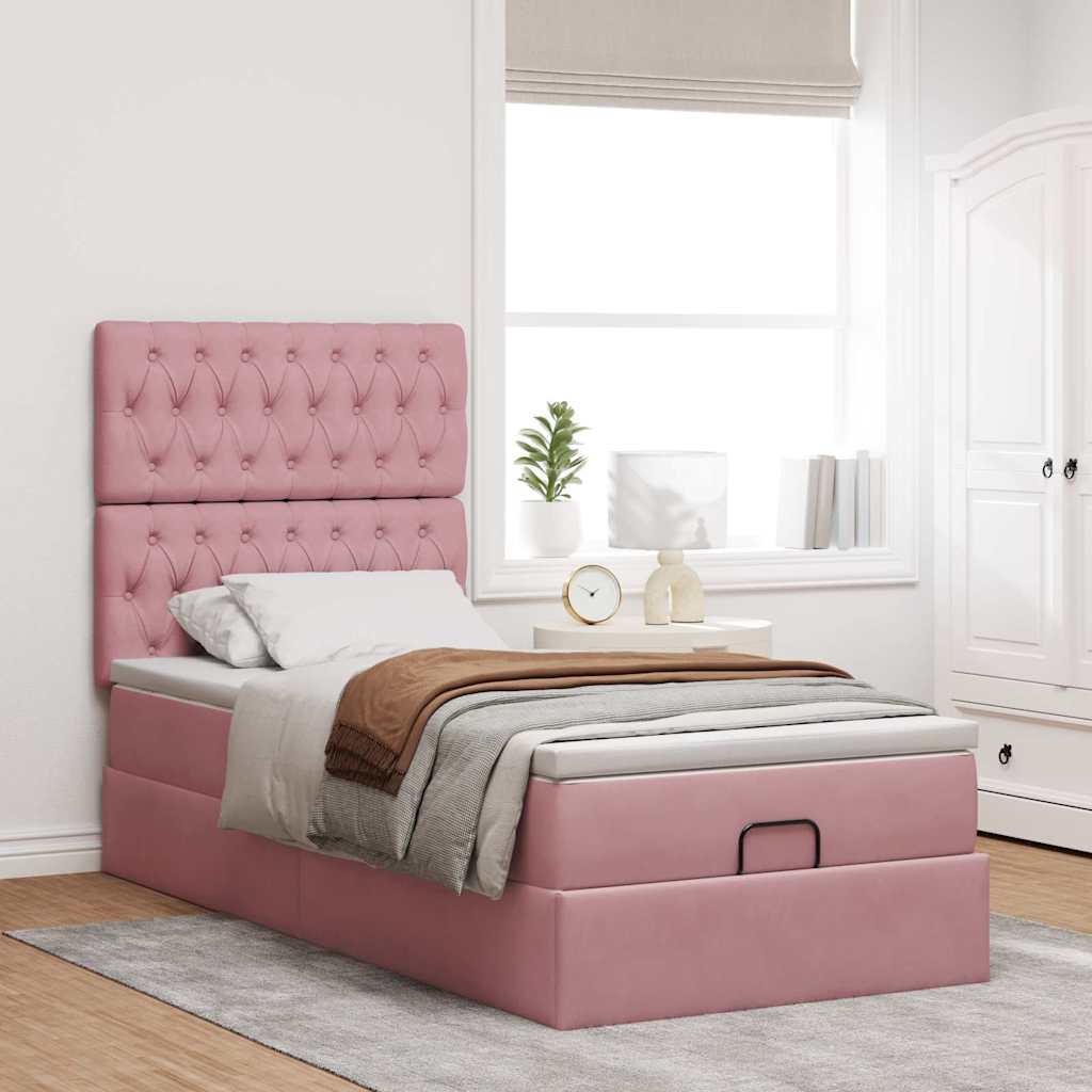 Moldura de cama otomana com colchões rosa 100x200cm veludo