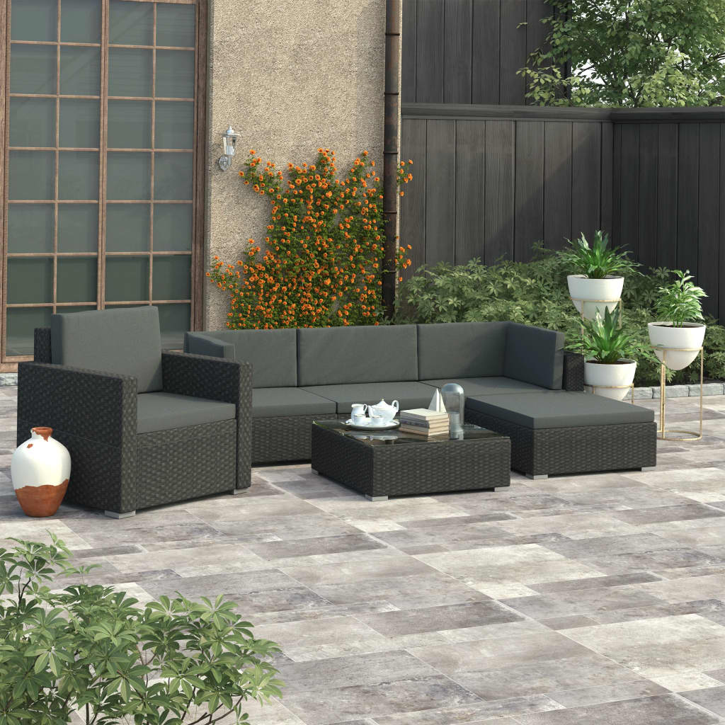 6 Pcs conjunto lounge de jardim c/ almofadões vime PE preto