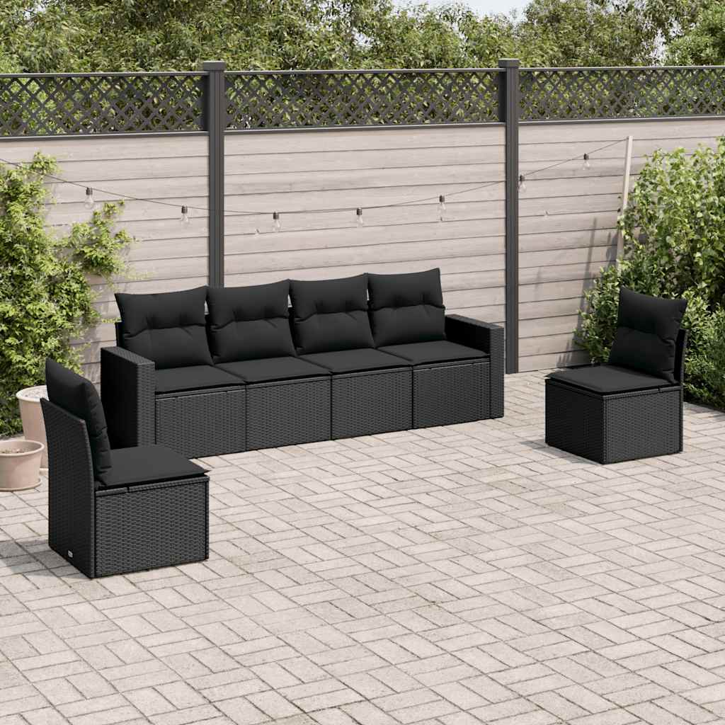 6 Pcs conjunto sofás de jardim c/ almofadões vime PE preto