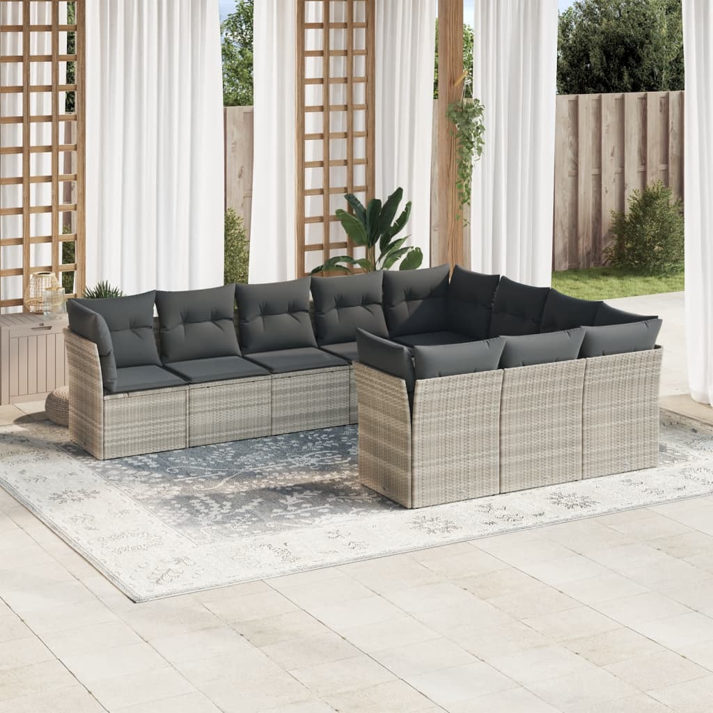 10 Pcs conj. sofás jardim com almofadões vime PE cinzento-claro