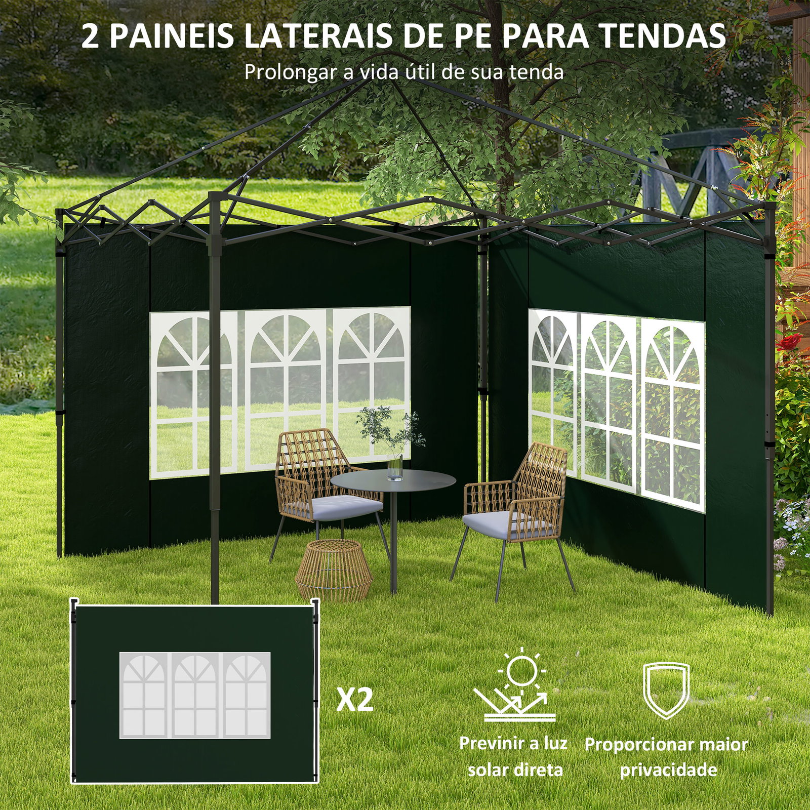 Conjunto de 2 paredes laterais para tendas de 3x3m e 3x6m paredes laterais com janelas transparentes 293x193cm verde escuro