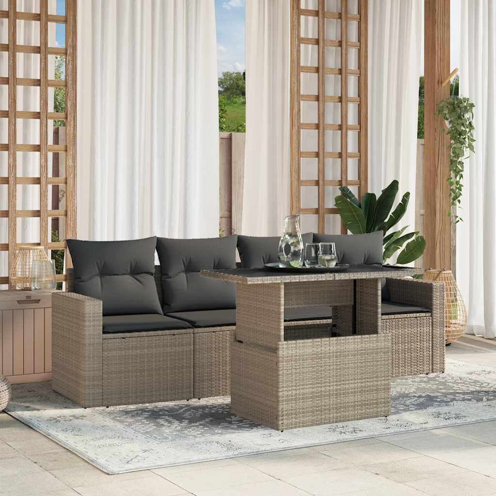 5 Pcs conj. sofás jardim c/ almofadões vime PE cinzento-claro