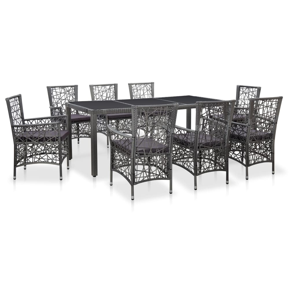 9 Pcs conjunto de jantar para exterior vime PE cinzento