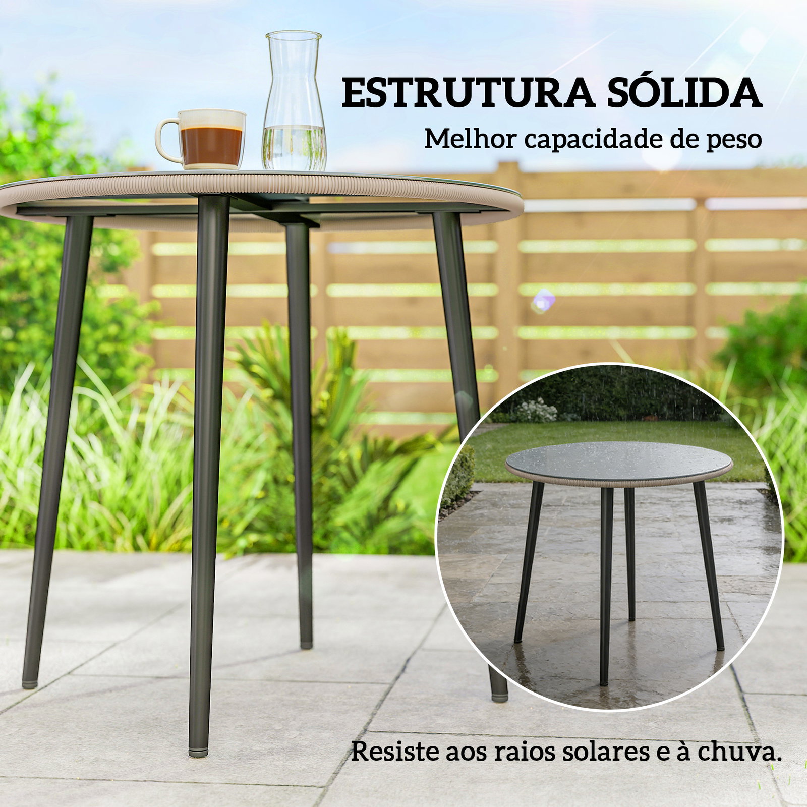 Mesa de jantar de jardim redonda 80x80x74 cm com tampo de vidro temperado e borda em vime estrutura de aço cinzento