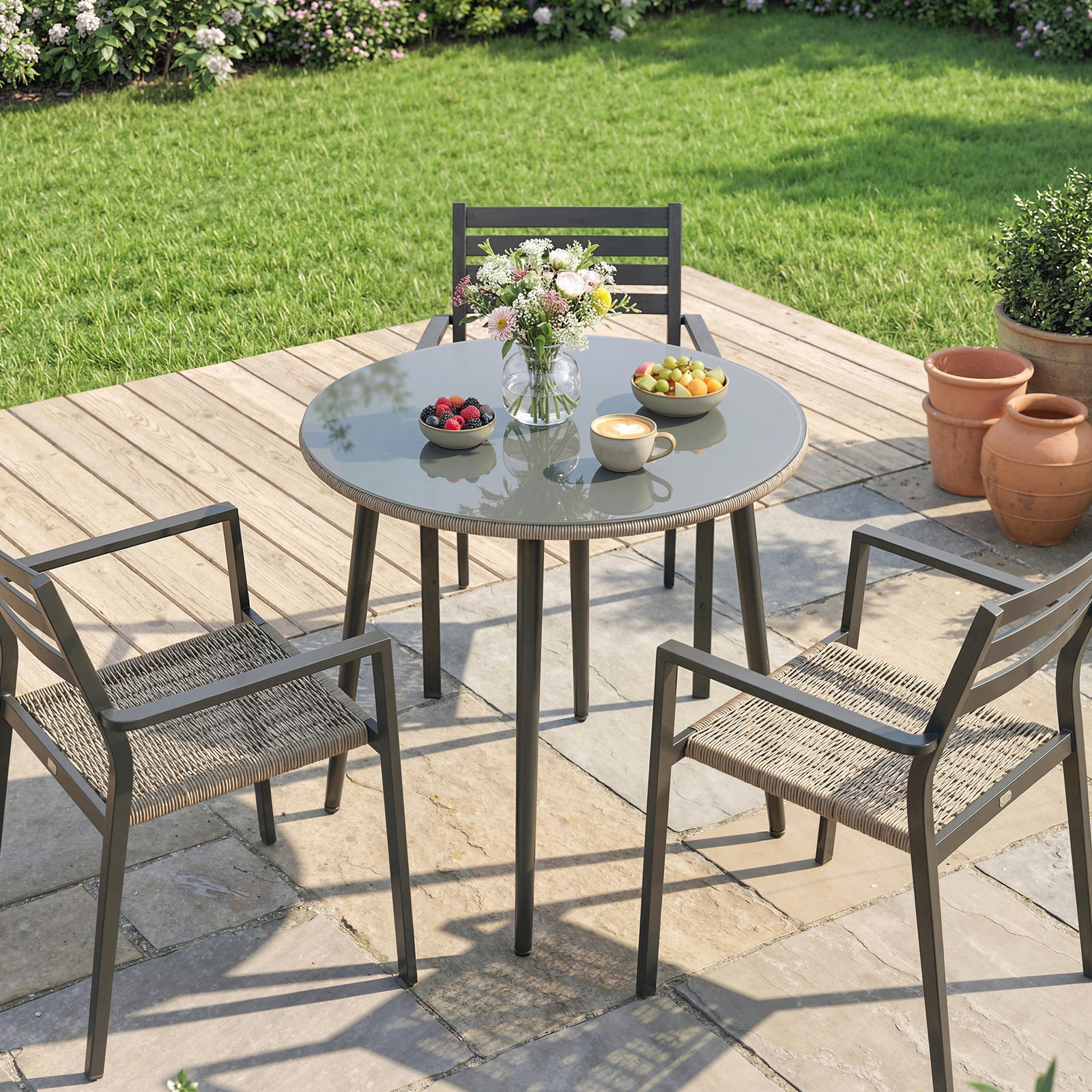 Mesa de jantar de jardim redonda 80x80x74 cm com tampo de vidro temperado e borda em vime estrutura de aço cinzento