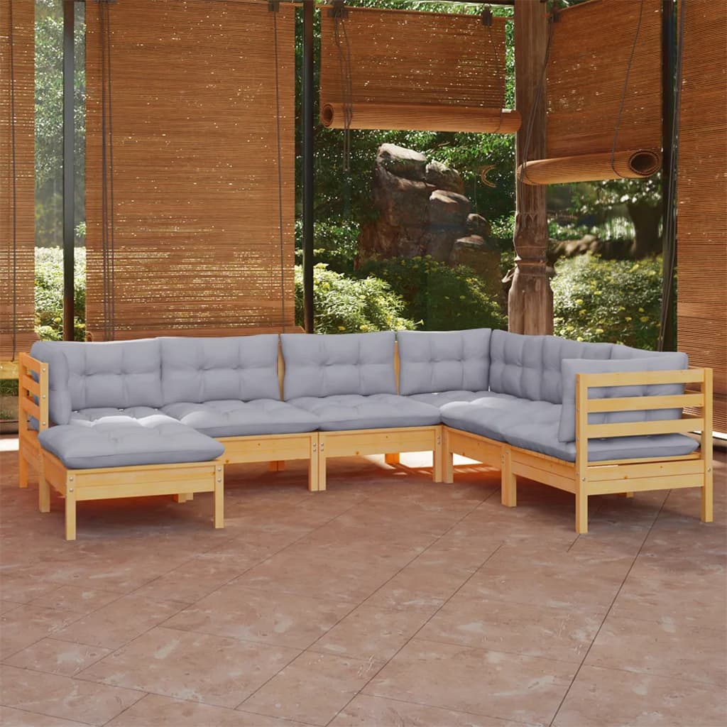 7 Pcs conjunto lounge de jardim + almofadões cinza pinho maciço